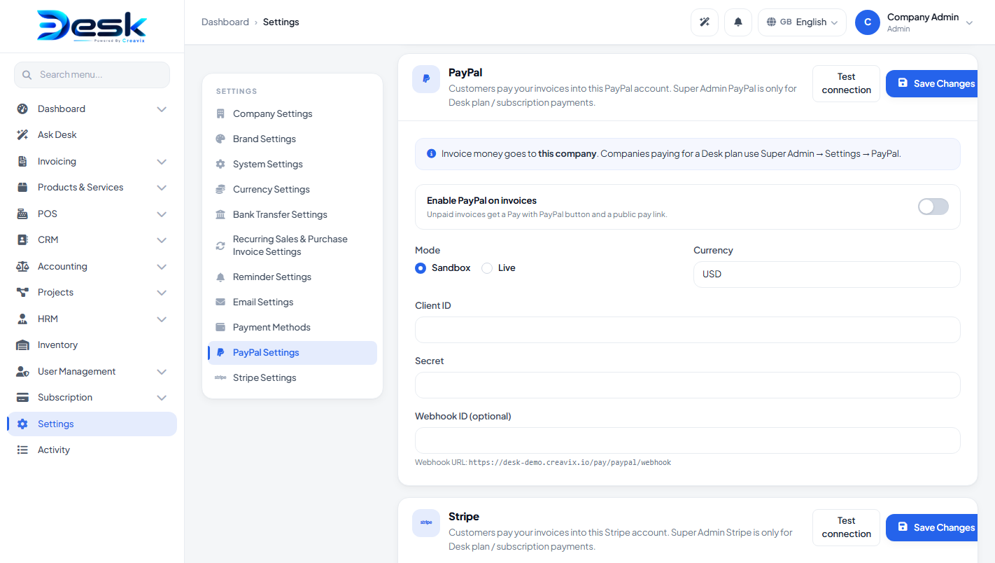 Company PayPal settings